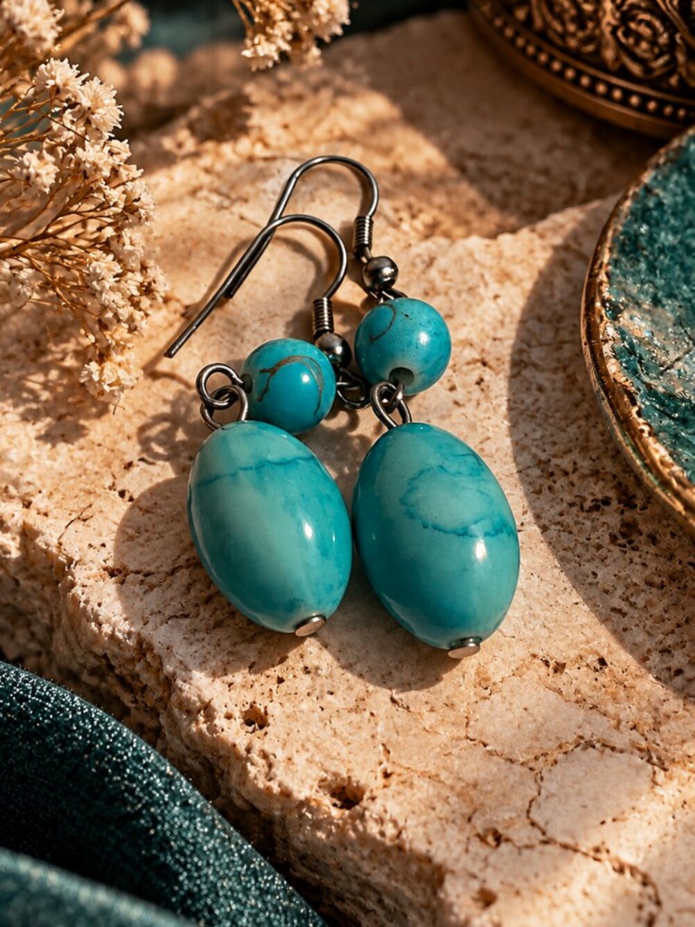 Turquoise Style Blue Beaded Dangle Earrings Silver Tone